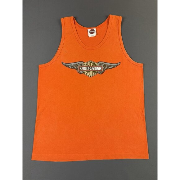 Rare Vintage Y2K Harley Davidson Ft. Myers Florida Art Orange Tank Top USA Made - Picture 2 of 10